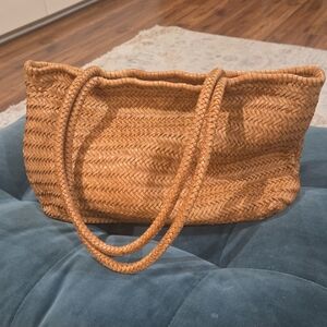 Tan Leather Woven East West Bag